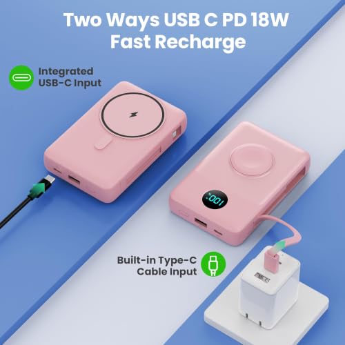 Ekrist Magnetic Portable Charger 10800mAh for MagSafe with Built-in Cable,iWatch Charger,Wireless Power Bank Travel Essentials,25W Fast Charging Battery Pack for iPhone 17/16/15/14,Apple Watch(Pink) - color: Pink