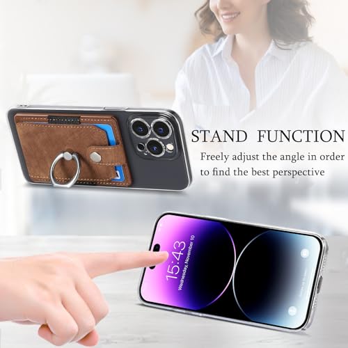 Cell Phone Card Holder with Ring Grip,Adhesive Phone Card Wallet,Brown - color: Brown