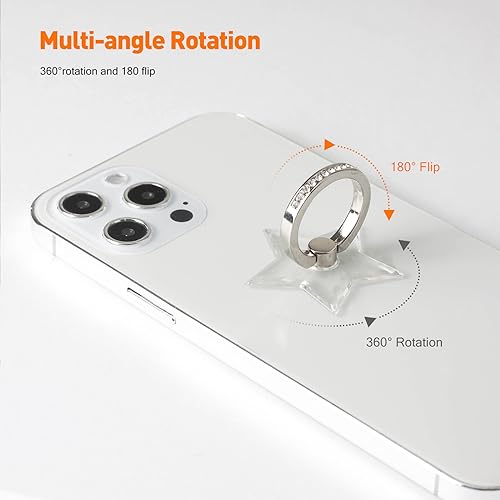 [2 Pack] Transparent Diamond Setting Cell Phone Ring Holder Stand,360 Degree Rotation and 180 Degree Adjustable Finger Ring Kickstand with Polished Electroplated Phone Grip (Pentagram)