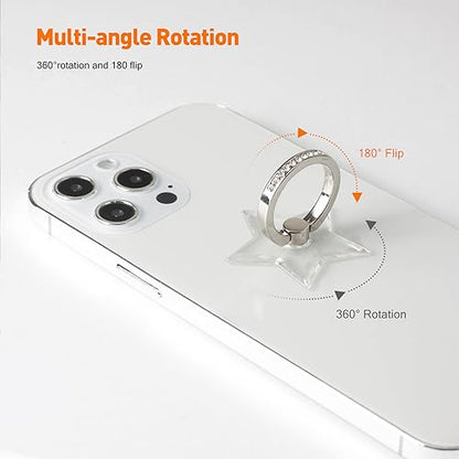[2 Pack] Transparent Diamond Setting Cell Phone Ring Holder Stand,360 Degree Rotation and 180 Degree Adjustable Finger Ring Kickstand with Polished Electroplated Phone Grip (Pentagram)