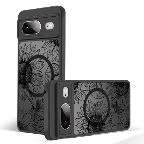 Magnetic Case for Google Pixel 8 [Compatible with MagSafe] Cute Black Flower Floral Pattern Case for Women Girls Soft TPU Bumper Hard PC Back Anti-Fall Shockproof Protective Slim Cover A5 - color: Sunflower 2, size: Google Pixel 8