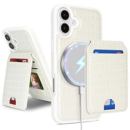 Ｈａｖａｙａ Leather Wallet Case for iPhone 16 - White | Crocodile-textured leather, detachable wallet, 5-card slots & kickstand, MagSafe 15W fast charge, raised bezels - color: White