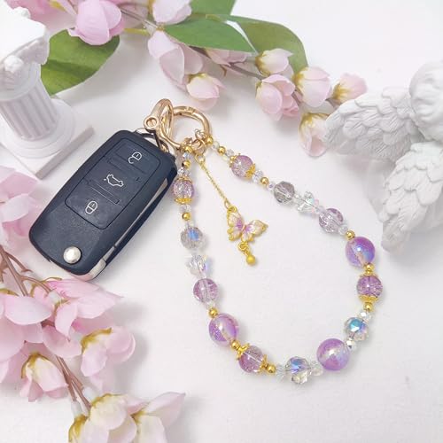 Cute Phone Wrist Strap Chic Beaded Cellphone Lanyard Phone Charm Grip Strap - color: Purple Butterfly