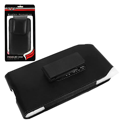 Leather Cell Phone Holster for Cricket Debut, Icon, AT&T Radiant Core, Calypso 2, Moto E6, G7 Play, Alcatel Onyx, REVVLRY REVVL2 - Vertical Case Waist Carrying Pouch with Belt Clip/Loops, Black - size: Small