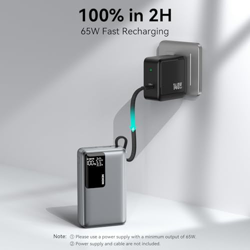 MOKiN 65W Portable Charger, 20000mAh Fast Charging Power Bank with Built-in USB-C Cable, Smart Display Battery Pack, Pocket Charger for iPhone 17-12, Samsung, iPad, Laptop, MacBook & More - color: Grey-2