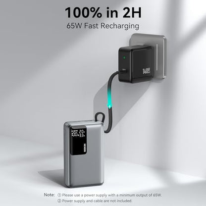 MOKiN 65W Portable Charger, 20000mAh Fast Charging Power Bank with Built-in USB-C Cable, Smart Display Battery Pack, Pocket Charger for iPhone 17-12, Samsung, iPad, Laptop, MacBook & More - color: Grey-2