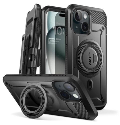 SUPCASE for iPhone 15 Case (6.1 inch), Compatible with MagSafe, Black | Built-in Kickstand, 360° Rotating Belt Clip,Screen Protector, Rugged Case for iPhone 14/13,Mil-Grade Protection, UB Pro Mag - color: Black