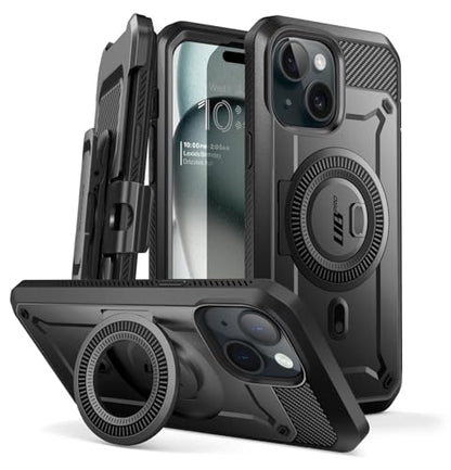 SUPCASE for iPhone 15 Case (6.1 inch), Compatible with MagSafe, Black | Built-in Kickstand, 360° Rotating Belt Clip,Screen Protector, Rugged Case for iPhone 14/13,Mil-Grade Protection, UB Pro Mag - color: Black