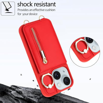 Crossbody Wallet Case for iPhone 11, with Card Slots Zipper Pocket Case, Flip Folio Purse RFID Blocking with Ring Kickstand Detachable Strap-Red - color: Red, size: iPhone 11(6.1")