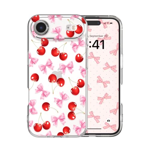 for iPhone Air Case, Cherries Bows | Cute Bow Cherry Aesthetic Clear Ribbon Pattern Women Girls, Girly Transparent Soft Slim TPU Shockproof Protective Cover - color: Cherries Bows, size: for iPhone Air