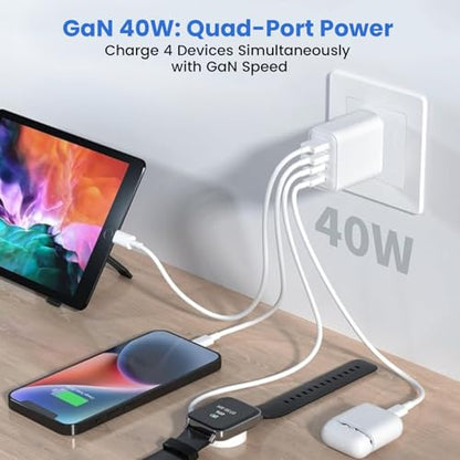 4USB Ports Gan 40W Foldable Charger 2 Pack - Compact USB-C & USB-A Fast Charger with Smart Power Output for Safe Charging- Charging Block compatible with Apple, Android & Google Devices Simultaneously