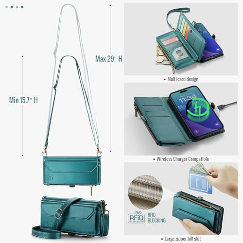 Strapurs for iPhone 16 Pro Max - Zipper Strap Wallet Case Women, Blue Green | RFID Blocking 10-Card Holder, Shoulder Lanyard, Wirst Strap, Zipper Pocket, Magnetic Snap, Soft PU Leather, Phone Flip Cover - color: Blue Green, size: iPhone 16 Pro Max - 6.9"