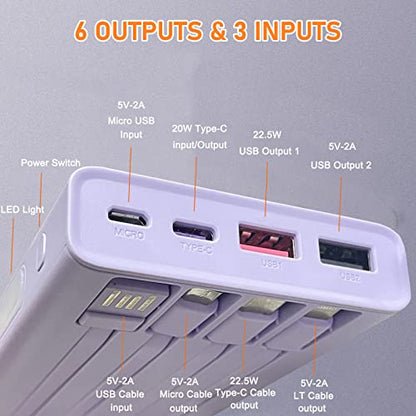Portable Charger with Built in Cables,Mandarooker 10000mAh Power Bank with LED Lamp Fast Charging USB C External Battery Pack Phone Charger with LED Display for iPhone, Samsung and Cell Phones(Purple) - color: Purple