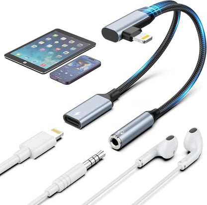 Quanlex[Apple MFi Certified Right Angle iPhone Lightning to 3.5mm Audio Adapter, Lighting to AUX + Charger Adapter Dongle Cable Splitter Compatible for iPhone 14/13/12/11/SE/X/XR/XS/8/7/6(Blue) - color: Blue