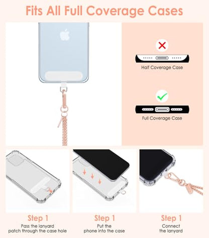 MoKo Metal Phone Crossbody Chain Lanyard with Wrist Strap and 2 Patches - color: Pale Rose Gold