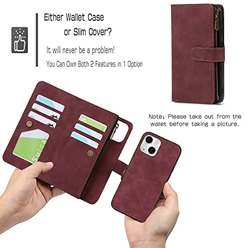 iCoverCase Compatible with iPhone 13 Wallet Phone Case with Card Holder, PU Leather Zipper Pocket Magnetic Detachable Flip Case with Wrist Strap (Claret) - color: Detachable--Claret