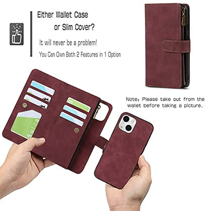 iCoverCase Compatible with iPhone 13 Wallet Phone Case with Card Holder, PU Leather Zipper Pocket Magnetic Detachable Flip Case with Wrist Strap (Claret) - color: Detachable--Claret