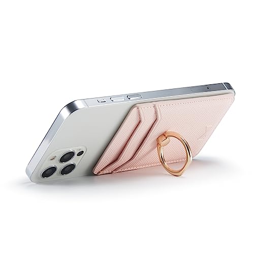 Card Holder Sleeve with Ring for Girl, RFID Credit Wallet PU Leather Stick On Back Grip for iPhone Samsung Smartphone - Pink - color: Pink