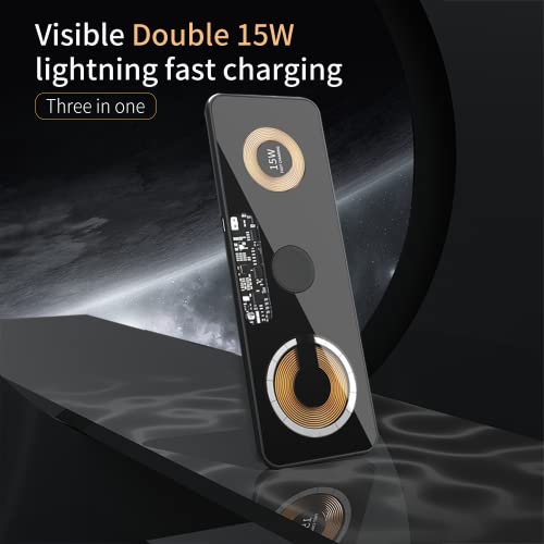 Dual 15W Magnetic Wireless Charging Pad for iPhone 12-15 Series& AirPods - Triple Station with MagSafe Alignment Fast Charging Pad for Smartphones Wireless Charger Pad with Mobile Phones