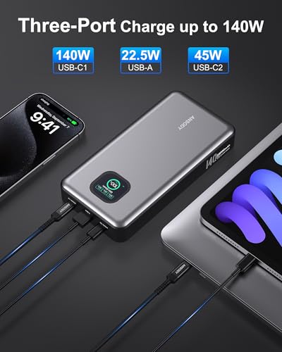 140W Laptop Power Bank, 25000mAh with TFT Smart Digital Display - color: Silver