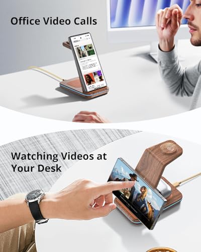 3 in 1 Wireless Charger for Samsung: JoyGeek Charging Station for S26/S25/S24/S23/S22/S21/S20/Note20/Z Fold&Flip Series, Galaxy Watch8/7/6/5/4/3/Active2/1, Buds 3 Pro, Not for Galaxy Watch9 / Ultra2 - color: Woodgrain