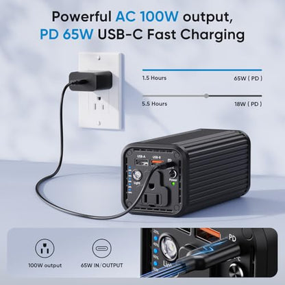 Power Bank with 100W AC Outlet, 27000mAh (98Wh) Portable Laptop Charger, 65W USB-C PD Fast Charging Battery, Wireless Charging Portable Power Supply for Travel, Camping, Road Trip & Emergency Backup