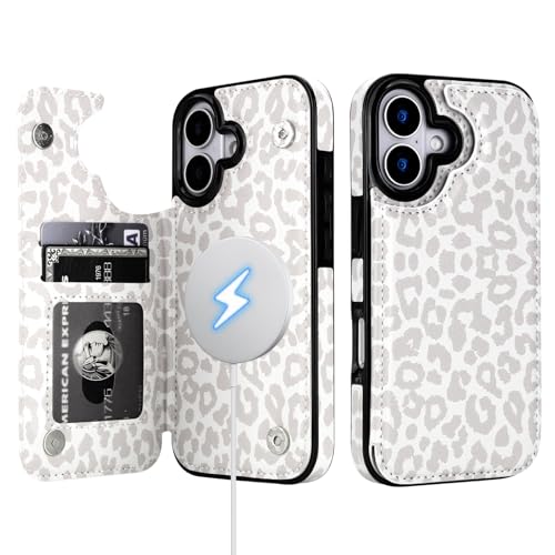 HAOPINSH Wallet Case for iPhone 17, Compatible with MagSafe Wireless Charging, White Leopard Cheetah Pattern Back Flip Folio Leather Kickstand Card Slots Case Double Magnetic Clasp Cover 6.3" - color: White Leopard for MagSafe