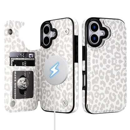 HAOPINSH Wallet Case for iPhone 17, Compatible with MagSafe Wireless Charging, White Leopard Cheetah Pattern Back Flip Folio Leather Kickstand Card Slots Case Double Magnetic Clasp Cover 6.3" - color: White Leopard for MagSafe