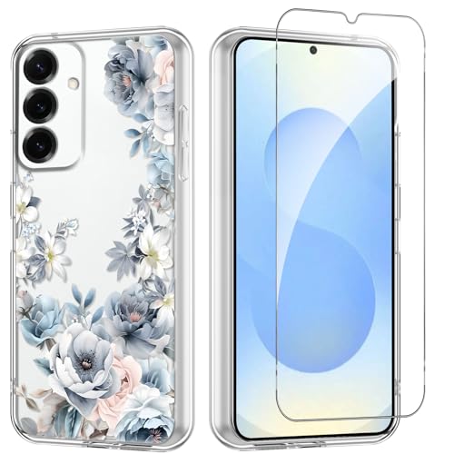 Flower Phone Case Floral for Samsung Galaxy S25 5G 6,2'' with Screen Protector, Clear Transparent Phone Cover Slim Soft Shockproof Anti-Scratch Drop Protection Funda for Girls Women, 05 - color: Flower 05, size: Samsung Galaxy S25 5G