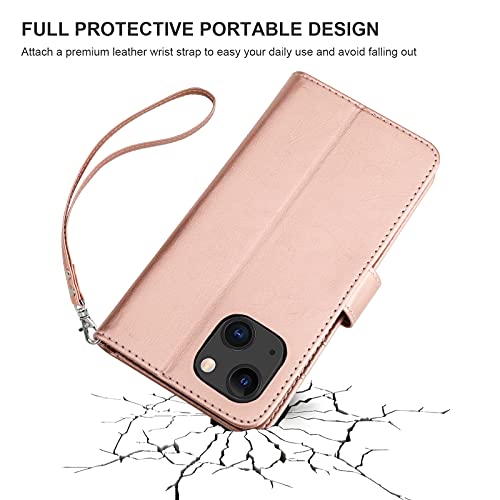 Bocasal Detachable Wallet Case Card Holder for iPhone 13, Rose Gold | RFID Blocking Kickstand Card Slots Holder PU Leather Magnetic Shockproof Wrist Strap Removable Flip Protective Cover 6.1 inch - color: Rose Gold