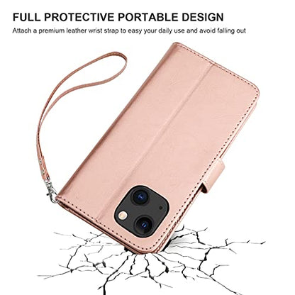 Bocasal Detachable Wallet Case Card Holder for iPhone 13, Rose Gold | RFID Blocking Kickstand Card Slots Holder PU Leather Magnetic Shockproof Wrist Strap Removable Flip Protective Cover 6.1 inch - color: Rose Gold