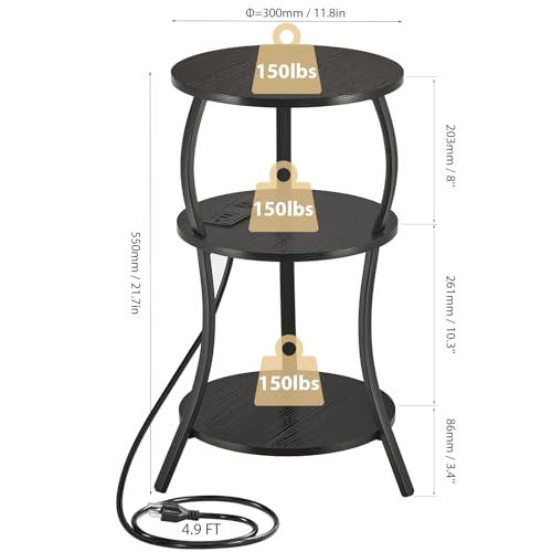 YEAKOO Small Side Table with Charging Station,3-Tier Round end Table - color: Black, style: USB Charger