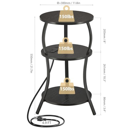 YEAKOO Small Side Table with Charging Station,3-Tier Round end Table - color: Black, style: USB Charger