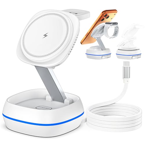 MFI Certified 3 in 1 Magsafe Wireless Charging Station,15W Magsafe Charger,Foldable Travel Charging Magnetic Stand for iPhone 17/16/15/14/13/12 Series,iWatch,Airpods,Built-in Retractable Cable
