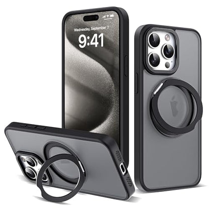 for iPhone 15 Pro Case with 360° Spin Magnetic Stand,Black | iPhone 15 Pro Phone Case 6.1",Spin Magnetic Ring Stand,Compatible with MagSafe,Military Protection,Translucent Matte - color: Black, size: iPhone 15 Pro