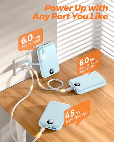 Portable Charger 10000mAh Power Bank with 4 Built-in Cables,LED Display Compact and Battery Pack with Multiple USB Ports All-in-One Travel Charger for iPhone,Android and Other Devices-Sky Blue