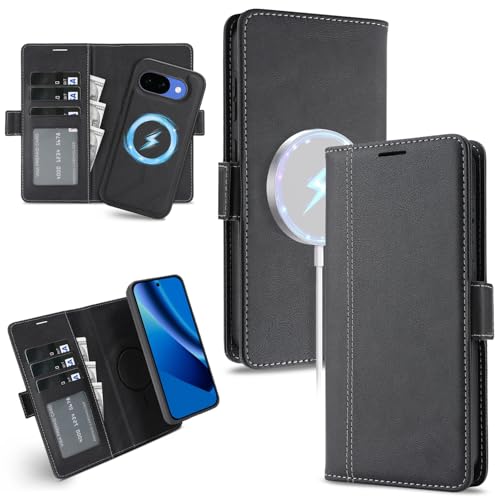for Google Pixel 10a Wallet Case Compatible with Magsafe, 2 in 1 Leather Flip 3 Card Holder Magnetic Detachable Cover Q1 (Black, Google Pixel 10a) - color: Black, size: Google Pixel 10a