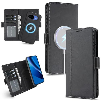 for Google Pixel 10a Wallet Case Compatible with Magsafe, 2 in 1 Leather Flip 3 Card Holder Magnetic Detachable Cover Q1 (Black, Google Pixel 10a) - color: Black, size: Google Pixel 10a