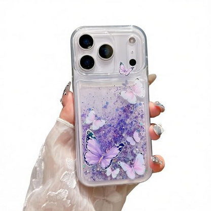 Compatible with iPhone 17 Pro Glitter Butterfly Case Glow in The Dark Women Girls Girly Bling Sparkle Flowing Quicksand Light up Soft TPU Bumper Luminous Clear Phone Cover, Blue - color: Purple, size: iPhone 17 Pro