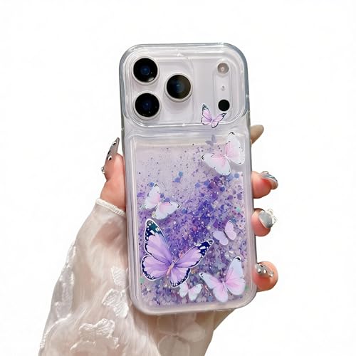 Compatible with iPhone 17 Pro Max Glitter Butterfly Case Glow in The Dark Women Girls Girly Bling Sparkle Flowing Quicksand Light up Soft TPU Bumper Luminous Clear Phone Cover Purple - color: Purple, size: iPhone 17 Pro Max