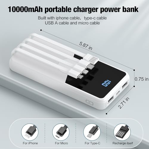 Portable Charger with Built in Cables,High Speed Power Bank 10000mAh Travel Battery Pack 5 Outputs 3 Inputs Portable Phone Charger Backup Battery for iPhone, Samsung, iPad,Tablets (White) - color: White