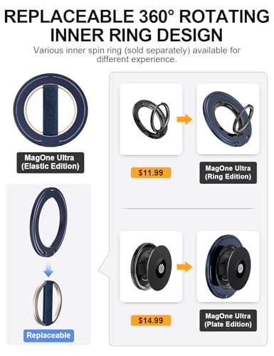 EWA MagOne Ultra for Magsafe Phone Grip Kickstand [Replaceable Elastic Finger Loop], Mag Safe Ring Holder Stand, Two-Sided Magnetic Phone Accessories for iPhone 17,16,15,14,13,12 Pro/Max/Plus-Blue - color: Blue