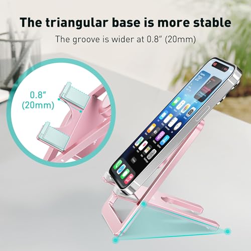 Cell Phone Stand for Desk - Foldable Aluminum Phone Holder, Portable Travel Essentials, Adjustable Desktop Dock for iPhone 17 16 15 14 Pro Max, Android (Pink) - color: Pink.
