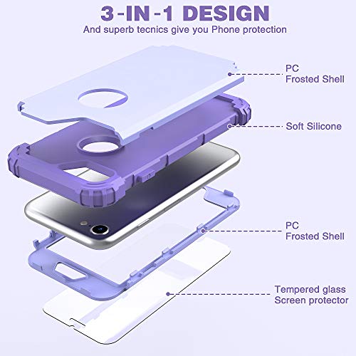 IDweel for iPhone 8 Case & for iPhone 7 Case with Screen Protector (Tempered Glass),3 in 1 Shockproof Hybrid Heavy Duty Hard PC Cover Soft Silicone Sturdy Bumper Full Body Sturdy Case, Purple - color: Purple