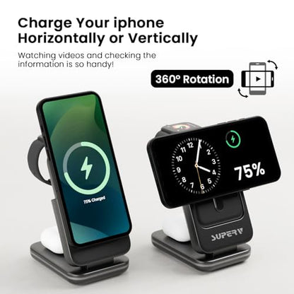 SUPERV 4 in 1 Wireless Charging Station: 5000mAh Removable Power Bank Foldable Charging Stand - Portable Magnetic Battery Pack for iPhone 17/16/15/14/13/12 Series and Apple Watch/AirPods (Black) - color: 4-in-1 Black