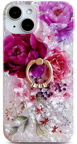Qokey for iPhone 13/14 Case 6.1 inch,Flower Design Cute Clear for Women Girls with 360 Degree Rotating Ring Kickstand Soft TPU Shockproof Cover Purple Red - color: Fuchsia
