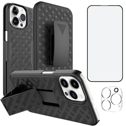 for iPhone 16 Pro Max Stand Case, Belt Clip, Screen Protector-Black | Camera Lens Protector, Swivel Stand Holder Holster, Slim Shell Shell Pouch Full Body Protective, Shockproof Cell Phone Cover - size: iPhone 15 Pro Max