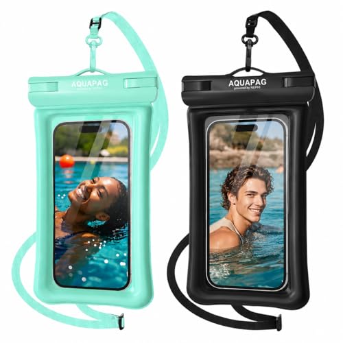 NEPHI IP68 Waterproof Phone Pouch 2 Pack-Up to 8.0"，Adjustable Neck Lanyard Floating Waterproof Phone Case for iPhone,Phone Dry Bags for Vacation Beach Pool Travel Essentials - color: Aqua Green Black 2 pack
