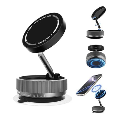 Vacuum Suction Phone Holder Magnet, 360° Adjustable Foldable Portable Vacuum Magnetic Phone Mount Stand (Black)
