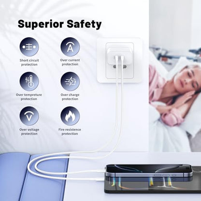 QZIIW iPhone 17 16 15 Pro Max Fast Charger,45W Dual Port USB C Fast Charger - color: White, size: 3FT+6FT+10FT+10FT